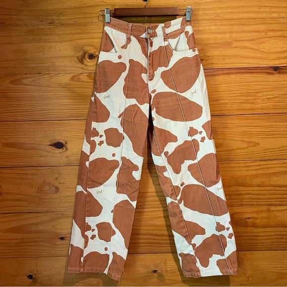 Lisa Says Gah Robyn Cow Print High Rise Straight Leg Jeans Brown Orange Tan 26 - Picture 2 of 10